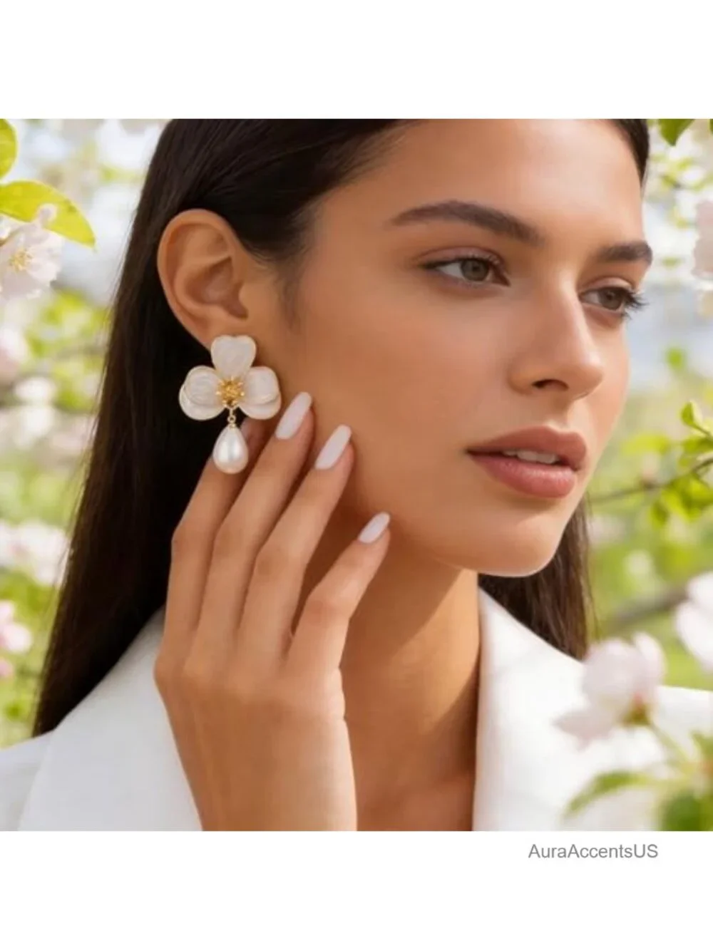 Flower Pearl Drop Earrings for Women Floral Statement Earrings French Wire